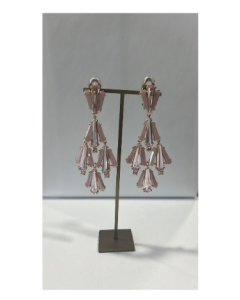 Aretes de Plata & Oro de 22 kt con clip y 30 gemas en forma de Trapecio Rosa de Francia y cuarzo Rose